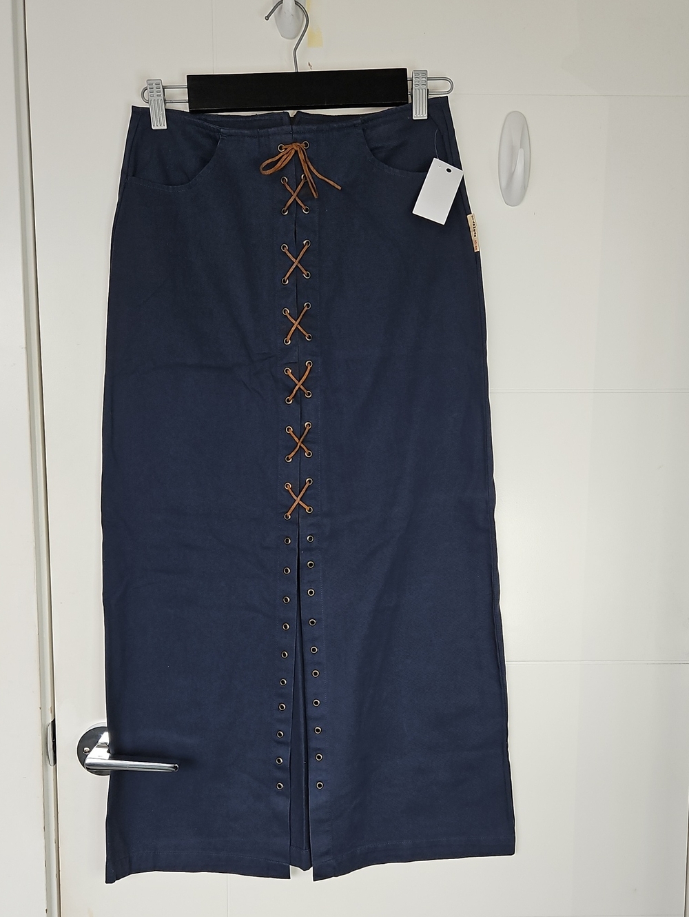 Vintage Women’s Navy Maxi Skirt with Front Lace-Up Detail